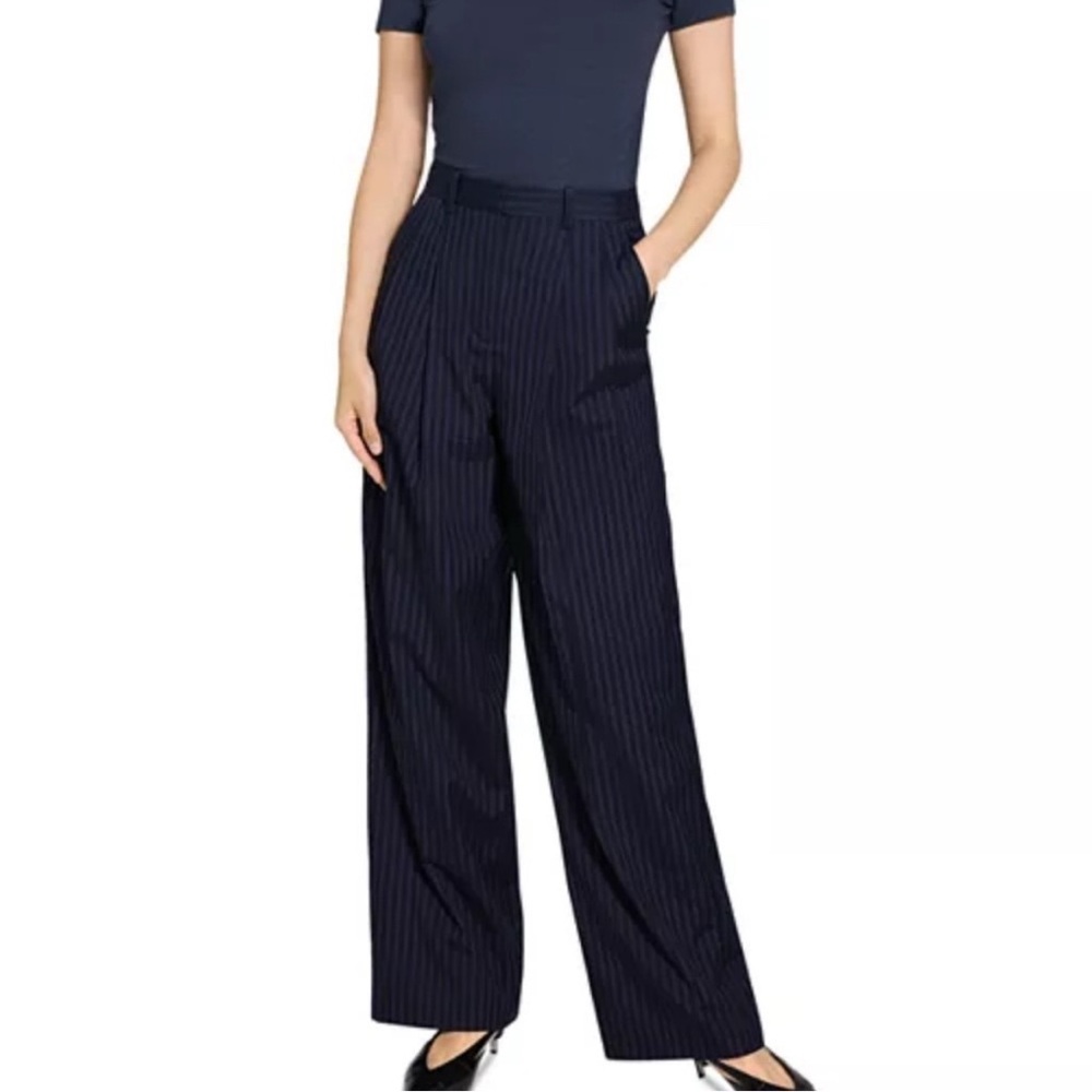 Theory Navy Pinstripe Mid Rise Pleated Tailored Trouser Pants Corporate Office
